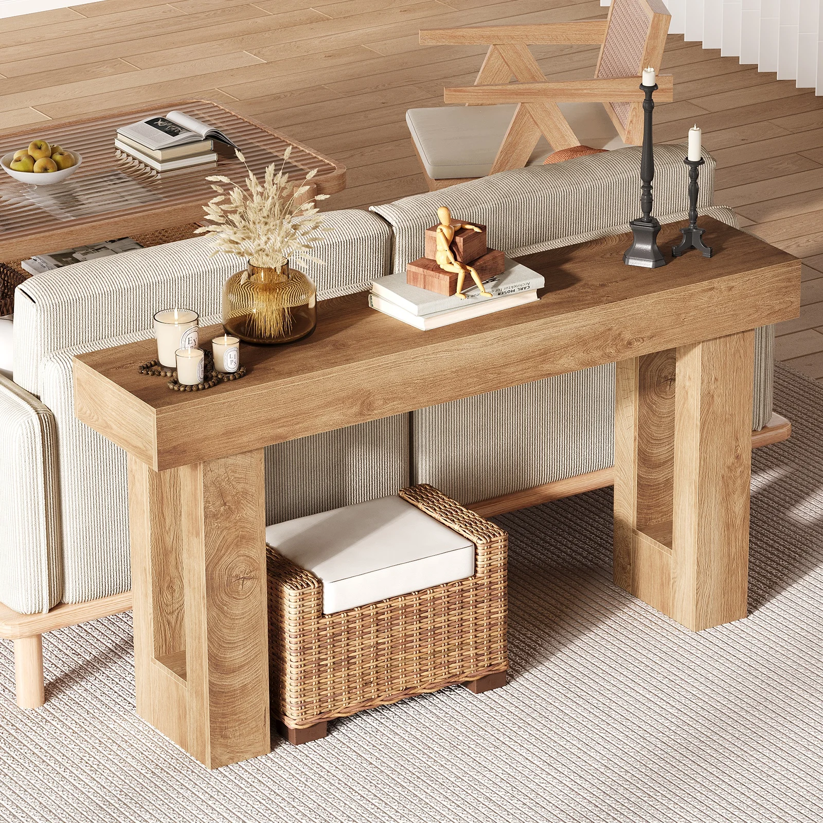 Farmhouse Console Table for Living Room - 63 Inch Long Wooden Sofa Table - Rustic Modern Entryway Furniture - Easy Assembly - Ideal Behind Couch or Hallway Table - Wood Color