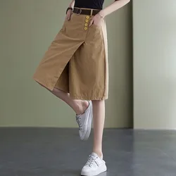 Cotton Linen High Waisted Wide Leg Knee Length Culotte Women's Summer Loose Slim Oversized Thin Irregular Casual Skirt Pants