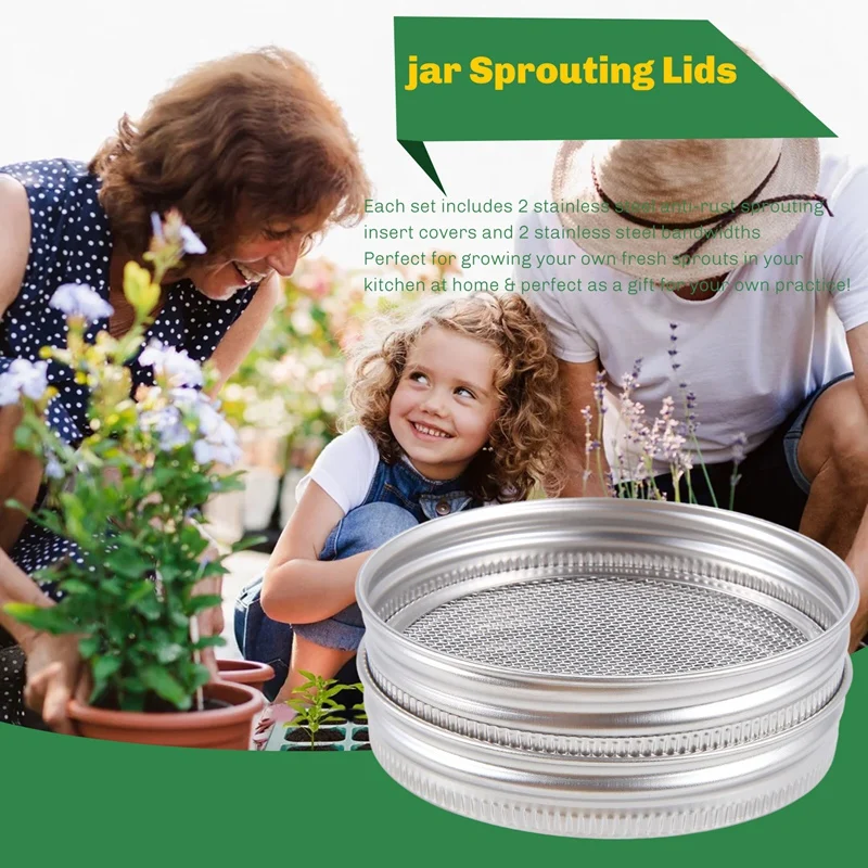 Set of 2 Stainless Steel Sprouting Jar Lid Kit for Superb Ventilation Fit for Wide-A20R