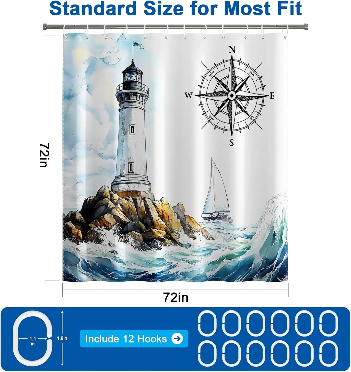 Premium Waterproof Shower Curtain Bathroom Decor Nautical Lighthouse Compass Rose Ocean Waves Coastal Maritime Home Accessory