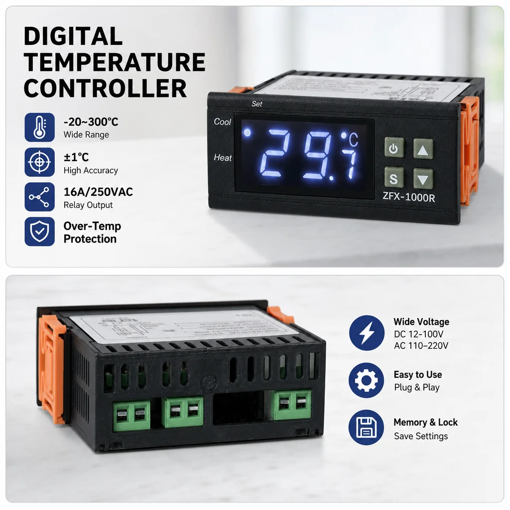 ZFX-1000R High Low Temperature Controller with Setting Memory and Self-Diagnosis 16A Relay Output Factory Default: -20°C-300°C