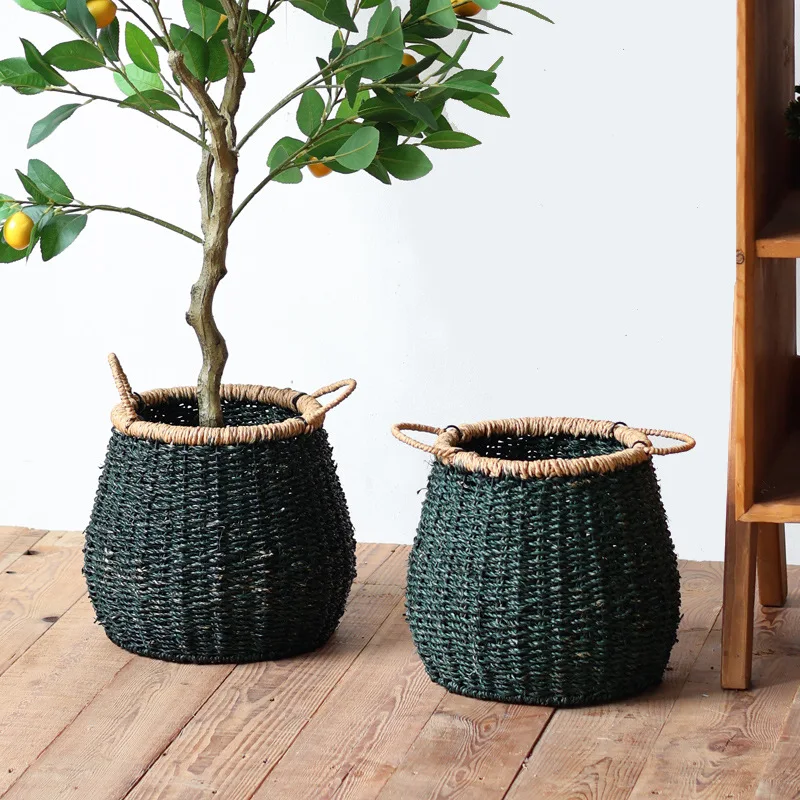 Handwoven Grass Art Baskets: Ethnic Style Flower Baskets, Storage Baskets, Double-Handled Baskets, Vases for Home Decoration and