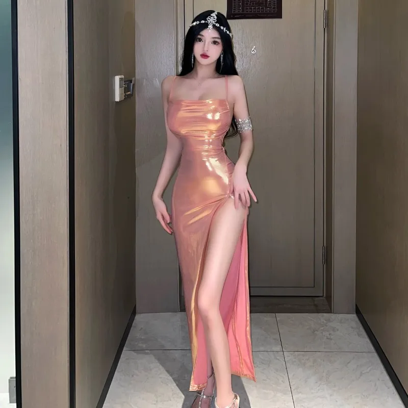 Yanling Glossy Bronzing Formal Dress Sling Backless Slim Fit Sexy Nightclub Car Model Split Dress for Women