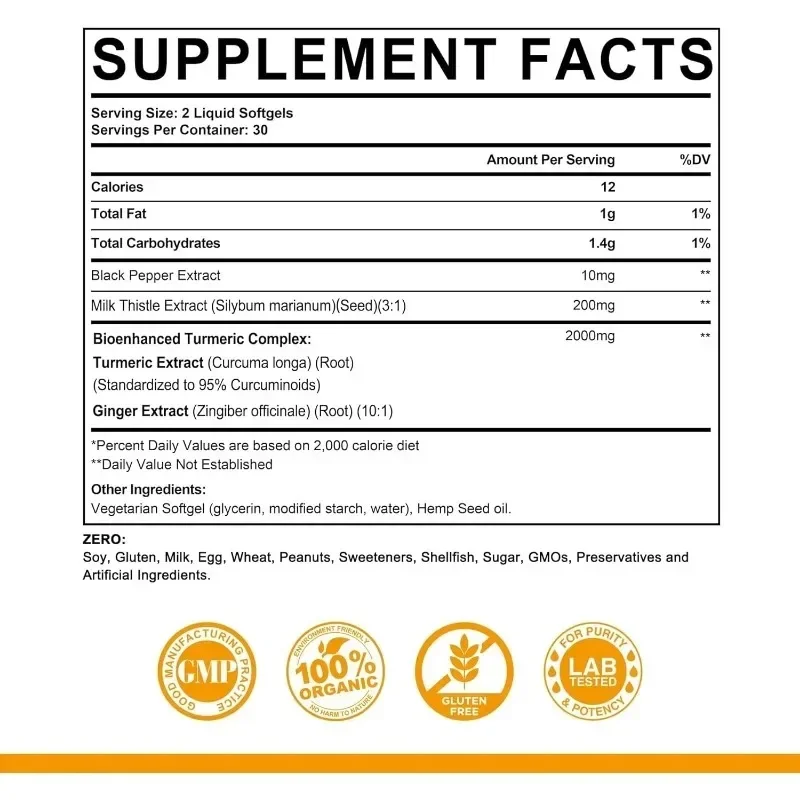 5-in-1 Turmeric Soft Capsules Containing Milk Thistle Seed Extract and Black Pepper , Ginger Root - Immune, Liver Support