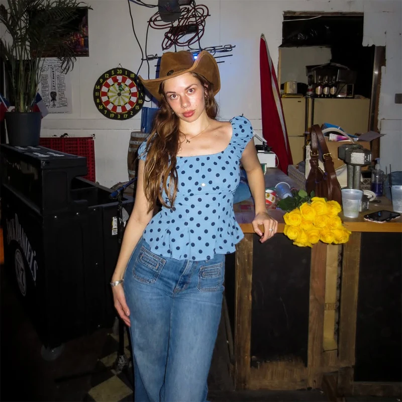 

Blue Polka Dot Peplum Cropped Tops Square Neck Women's Puff Short Sleeve Corset Waist Blouse Casual Summer Lady Daily Wears
