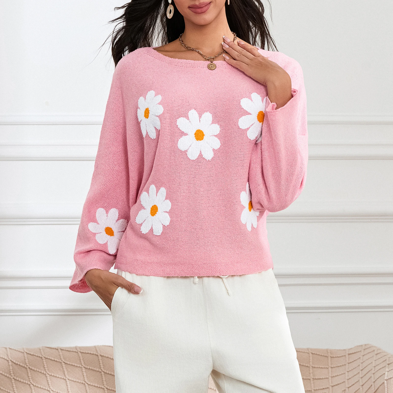 Maglione lavorato a maglia allentato ricamato a fiori donna pullover con scollo a barca a maniche lunghe dolce autunno inverno maglioni Casual top