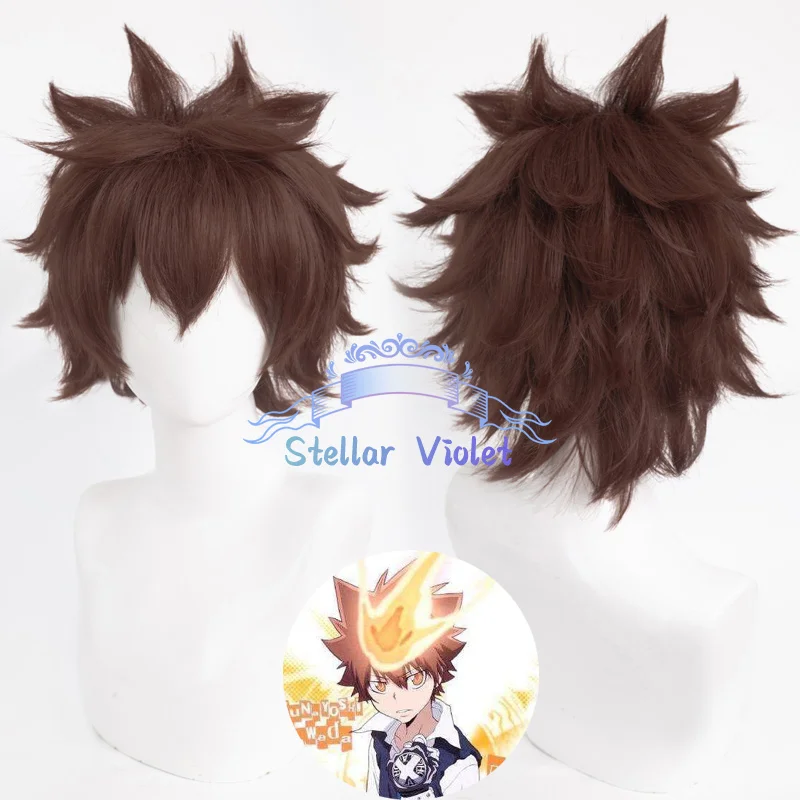 أنيمي هيتمان تولد من جديد! Sawada Tsunayoshi شعر مستعار تأثيري البني 30 سنتيمتر الشعر القصير مقاومة للحرارة الاصطناعية الشعر أنيمي الباروكات + غطاء شعر مستعار #1