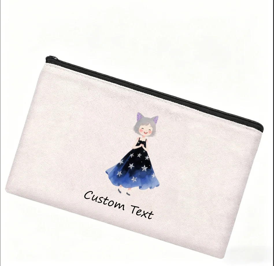 1PC Custom Text Cat Ear Girl Cosmetic Pouch Starry Dress Cartoon Girl Zipper Makeup Bag Personalized Canvas Storage Gift
