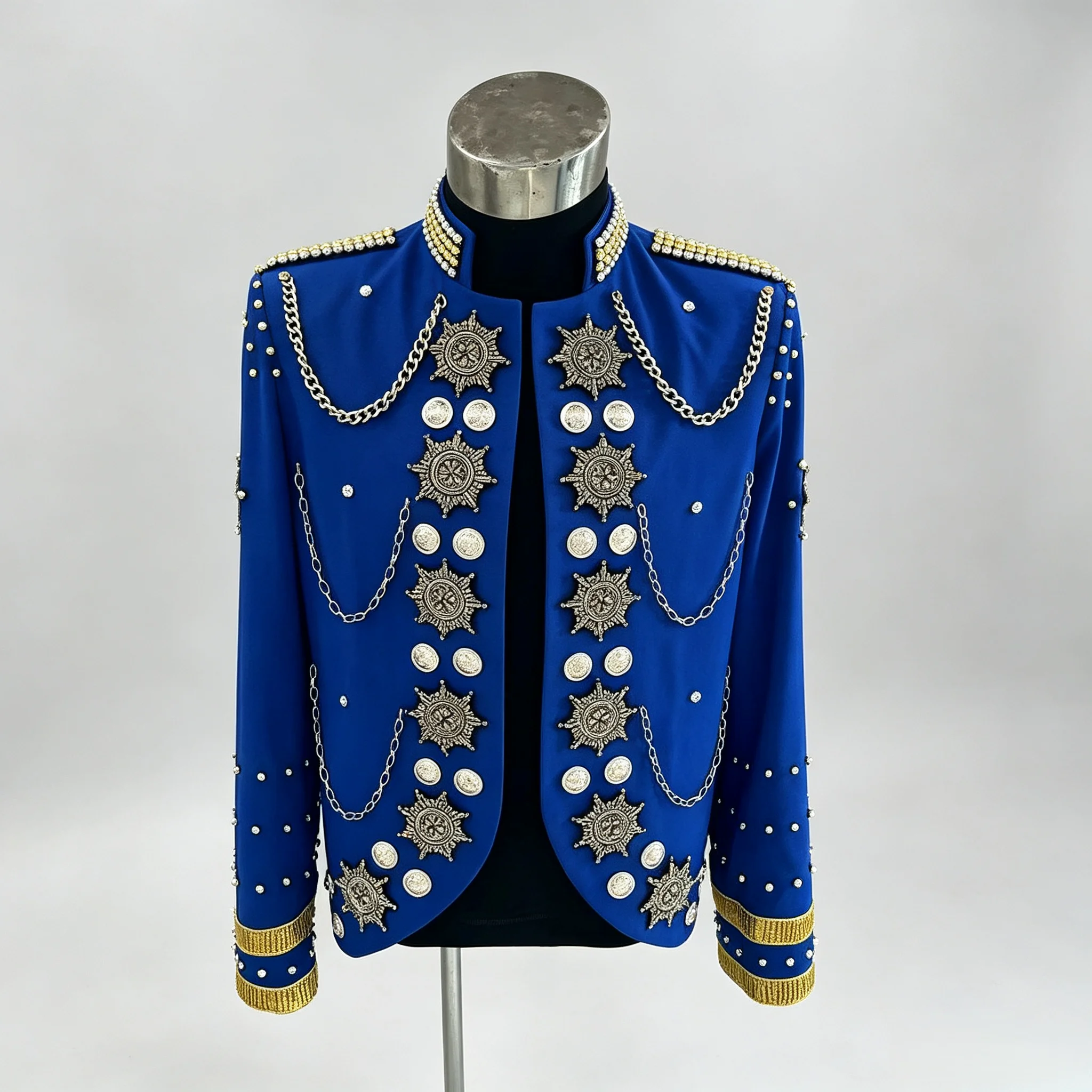 Men Royal Blue Military Style Jacket Gold Chain Badge Beading Stand Collar Stage Performance Coat Singer Show Costume