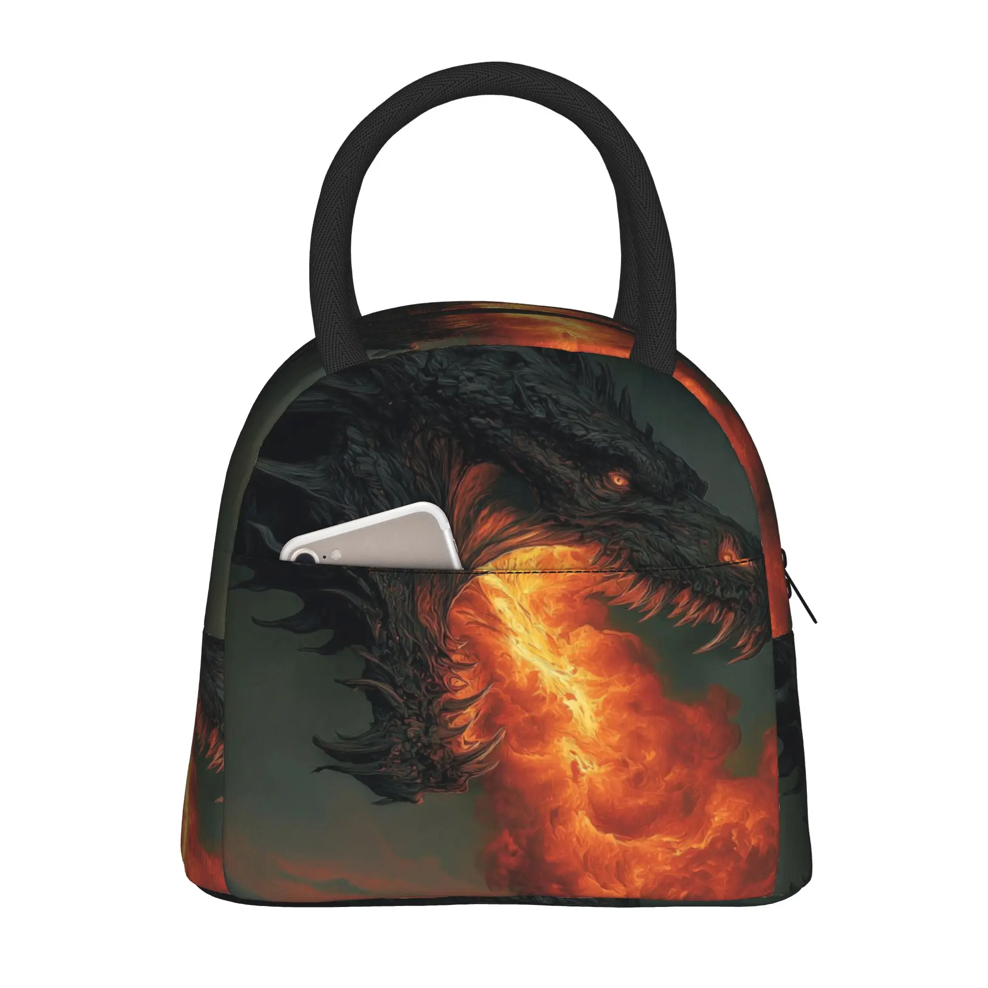 Back to school season  Lunch Bag Black Dragon Breathing Fire Art Zipper Closure Cool Daily Food Organizer Lunch Bag