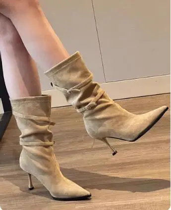 

Autumn Ladies Khaki Suede Solid Pointed Toe Buckle Strap High Heel Mid-calf Boots Women Fashion Slim Short Boots Shoes Size 33