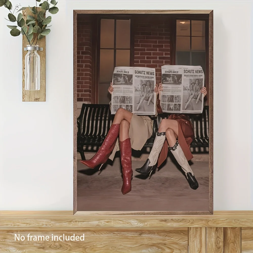 

Modern Frameless Art Oil Painting Canvas Wall Art Contemporary Cartoon-Style Women Reading Newspapers on Chairs for Living Room