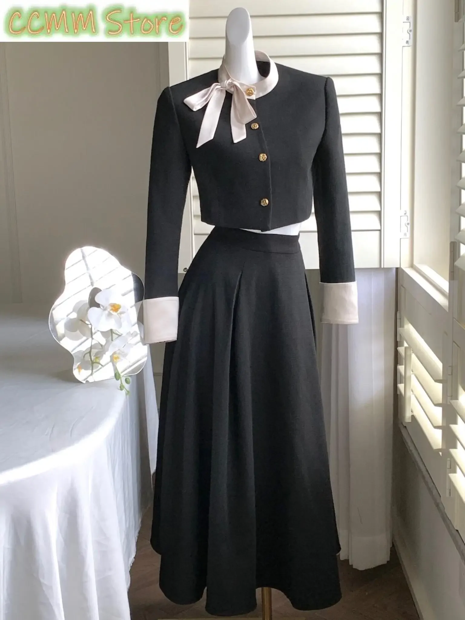 New Korean Elegant Hight Waist Skirt Outfits Fashion Single Breasted Short Coat 2 Piece Set Women Princess Evening Party Clothes