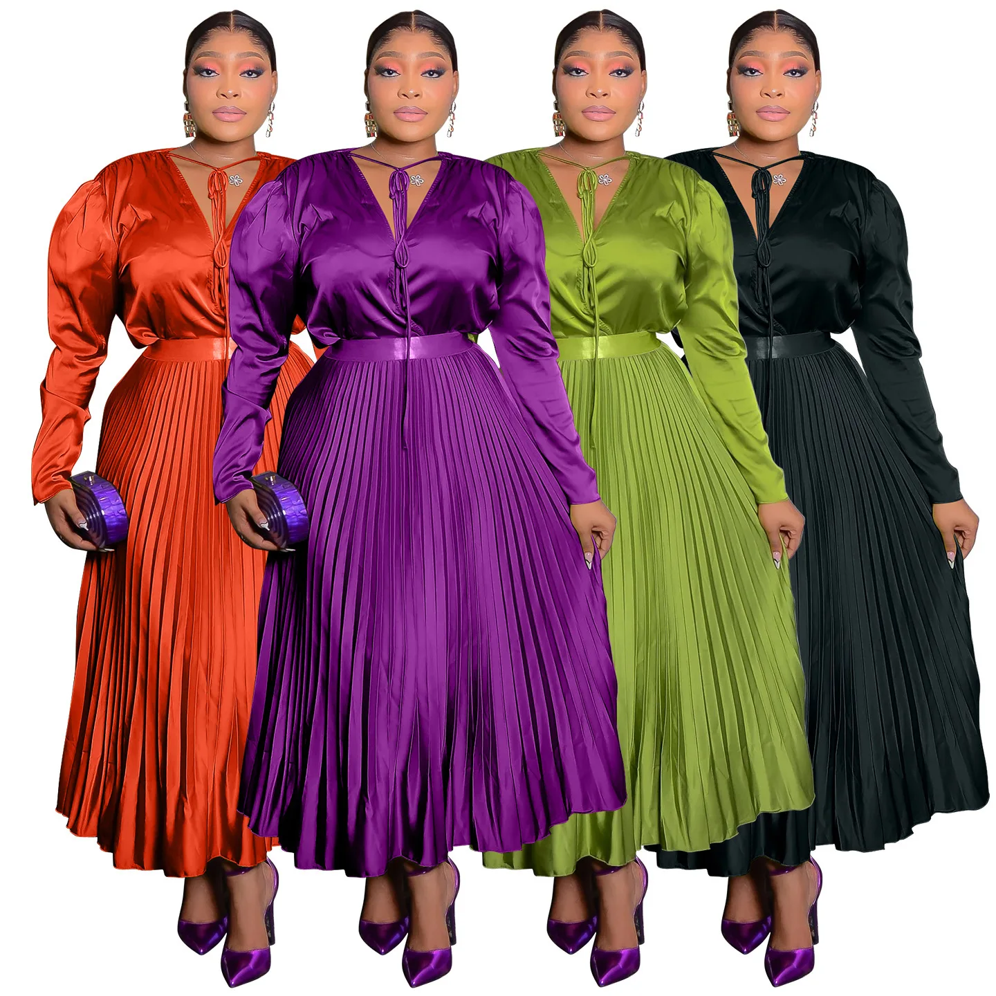 

No 81152025 Autumn New Women's Solid Color Tie Elegant Pleated Long Sleeve Dress Set 2025 Party Summer Elegantes Casual Y2k