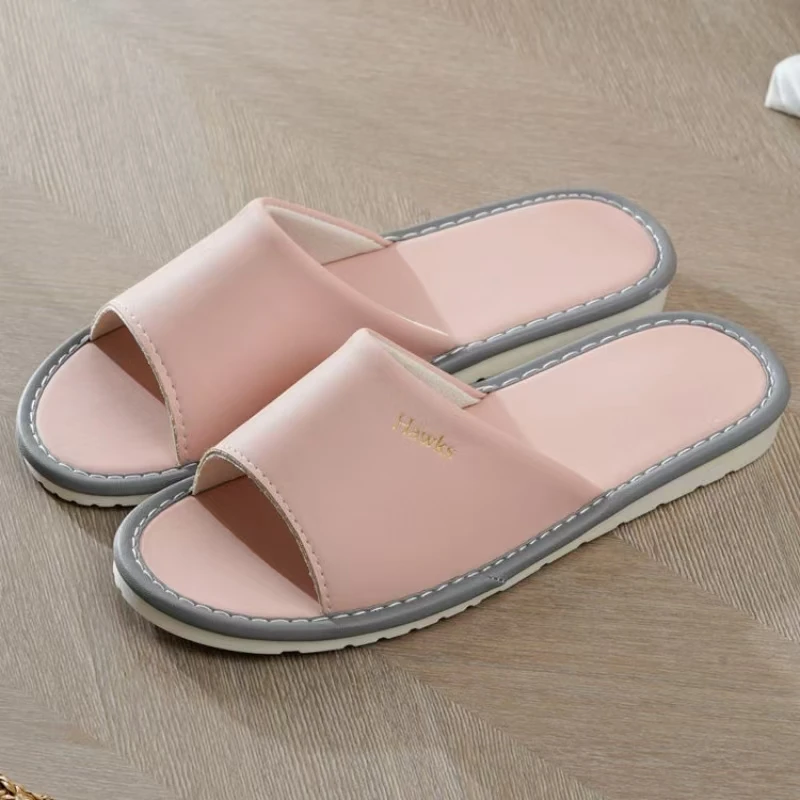 Women's New Four Seasons Leather Slippers Soft Sole Non Slip Open Toe Home Slippers Easy To Clean Light Wood Floor Slippers