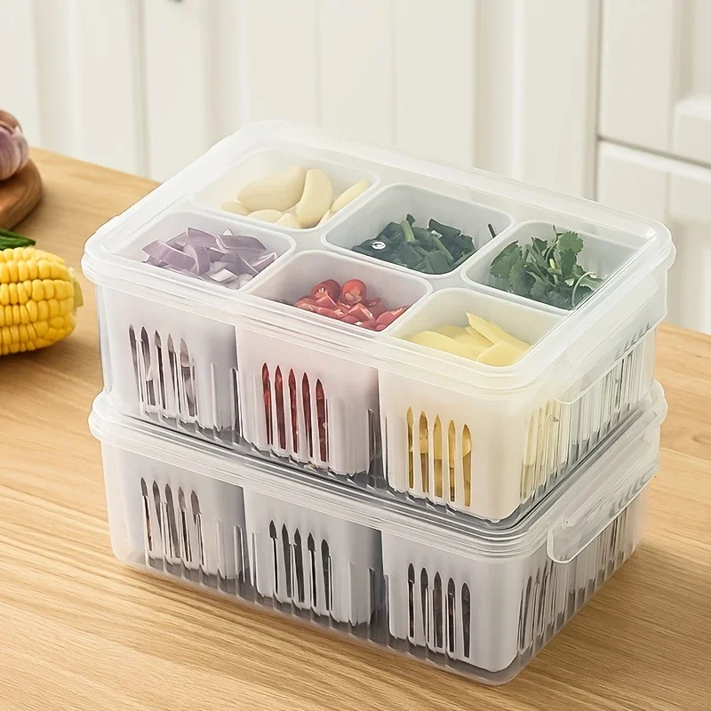1PC 6-in-1 Food-Grade Storage Box for Scallions Ginger Garlic - Chive Preservation Container for Refrigerator
