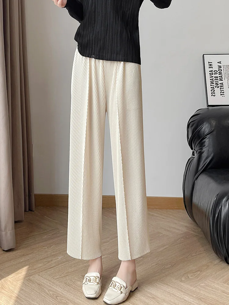 Three-Fold Pleated Loose Slimming Fish Scale Pants Nine-Piece Summer New Style Casual High Waist Polyester Fiber Women's Pants
