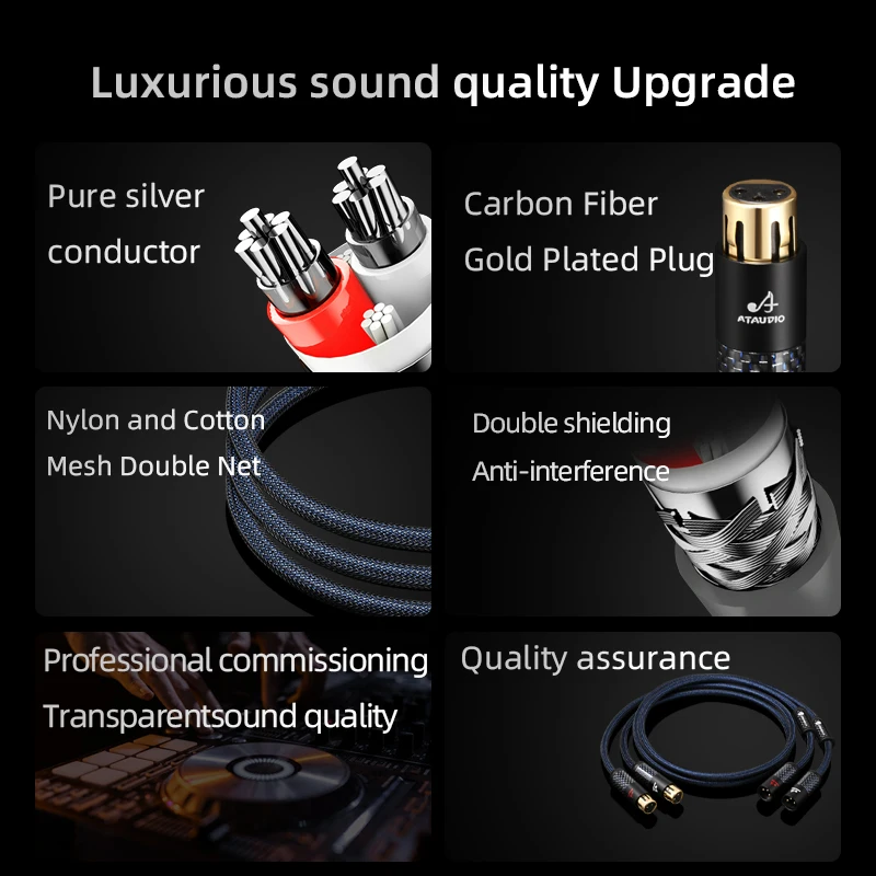 ATAUDIO HiFi XLR كابل الفضة النقية ذكر إلى أنثى متوازن 3Pin XLR ربط كابل الصوت لخلاط الميكروفون مشغل أقراص مضغوطة