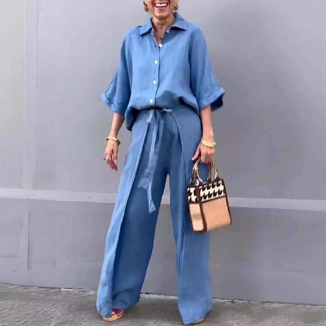 

New Women‘s Fashion Latest Popular Women's Casual Cotton Linen Solid Color Shirt with Belt Women's Wide Leg Irregular Pants Set