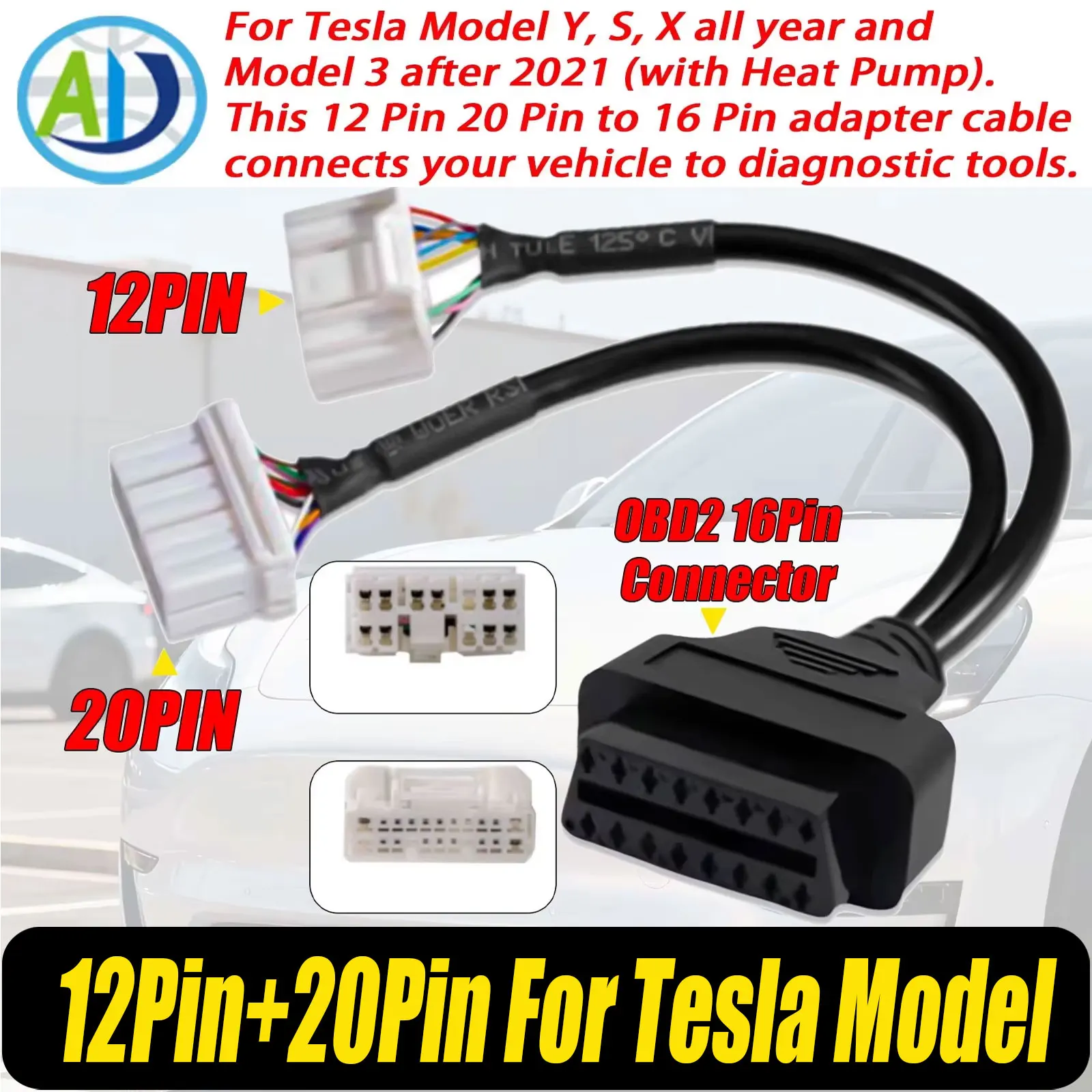 12Pin 20pin to OBD2 For Tesla Model X/S/3/Y OBD Adapter For Tesla OBD2 Diagnostic Cable OBD Connector Harness For X431 Scanner