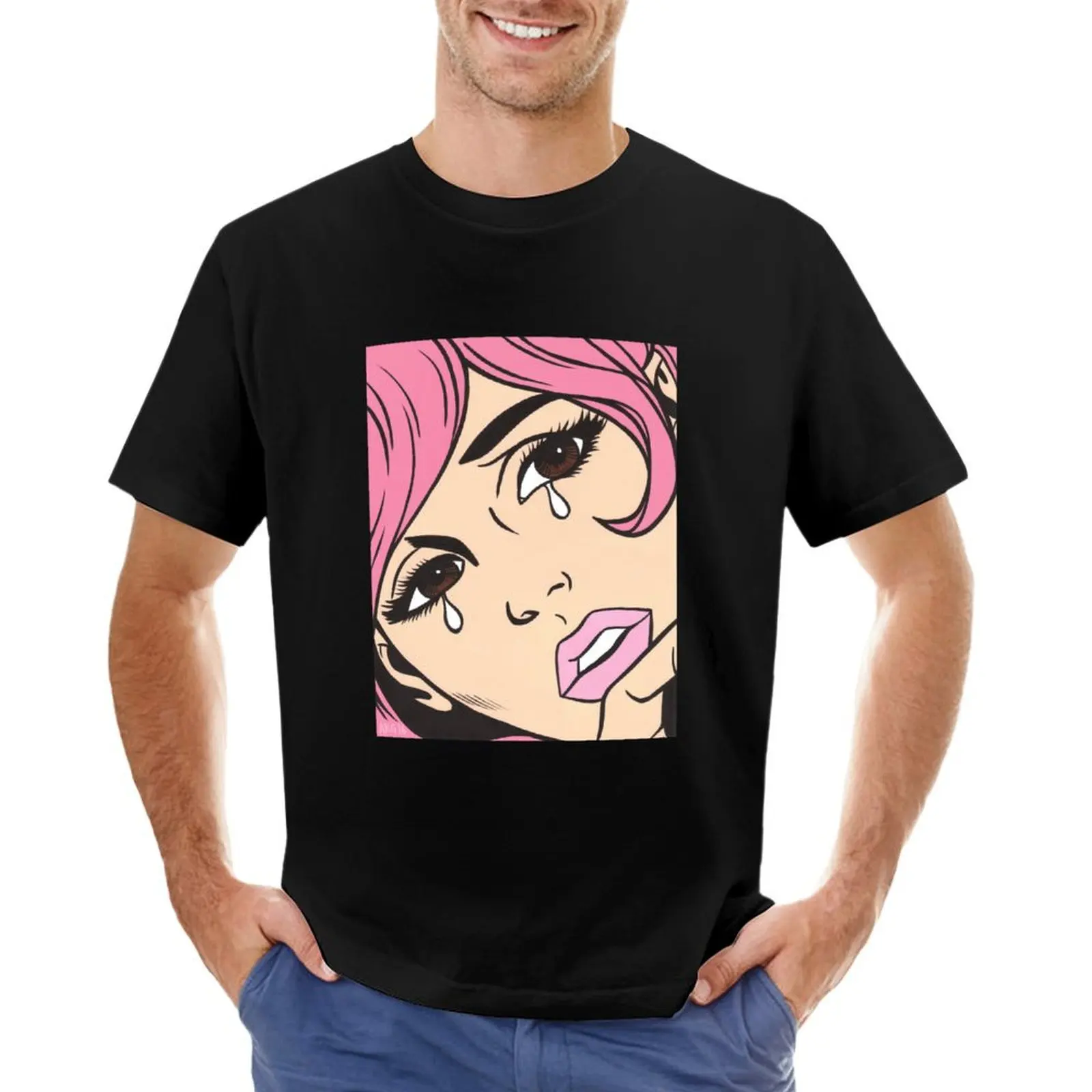 

Pink Crying Comic Girl T-Shirt anime t shirts cheap stuff custom shirt oversized t shirt mens designer t shirt