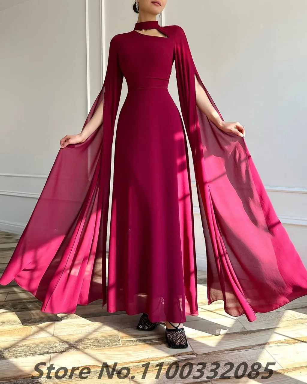 Eightale 2025 A Line Burgundy Chiffon Evening Dress High Neck Saudi Arabic Long Sleeve Prom Party Dress Formal Gowns Customized image 4