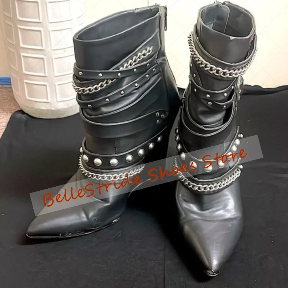 

Black Chain Decor Round Rivets Boots Matte Leather Women Shoes Thin High Heels Party Banquet Dating 2025 Zapatos Para Mujere