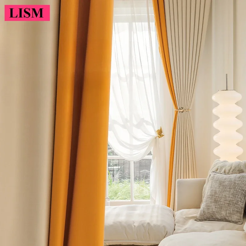 New Cream and Orange Blackout Curtains Thickened Bedroom Living Room Light Luxury Modern Simple Solid Color Window Custom Cloth