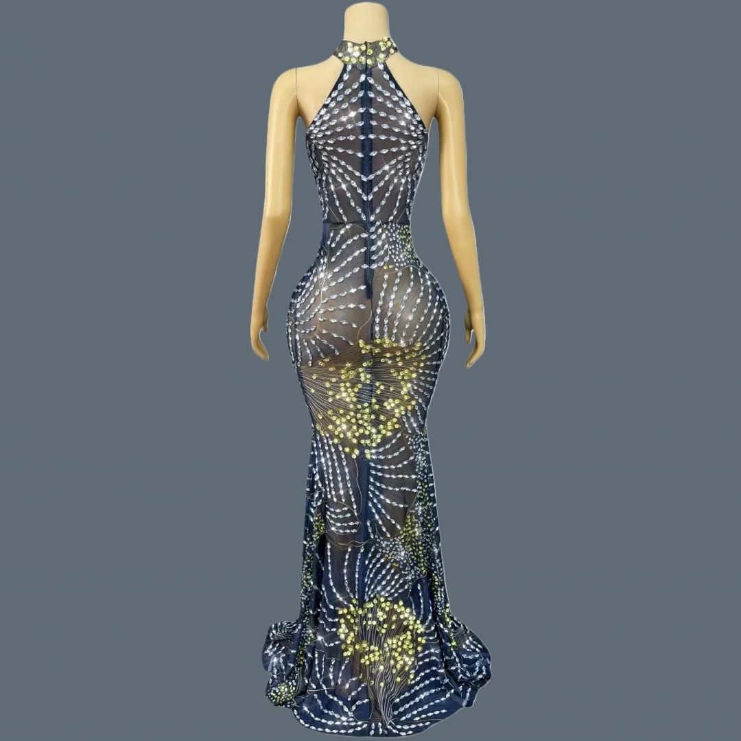 Abito lungo fino al pavimento con strass scintillanti Abito da sera sexy a sirena in rete trasparente Gala Prom Tappeto rosso Couture formale Jinsixiye