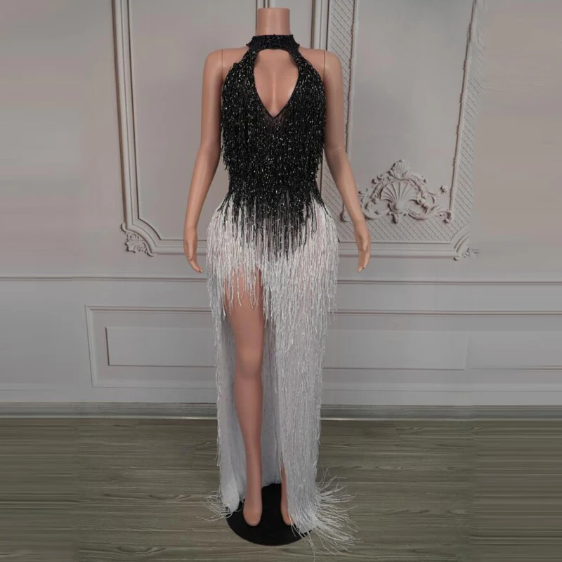Vestido blanco y negro con flecos degradados para mujer, traje de Festival para Bar y Club nocturno, vestidos de noche para cantante, ropa de pasarela para escenario XS10223