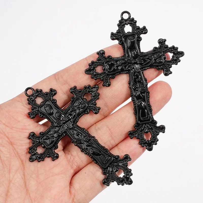 2Pcs Gothic Matte Black Hollow Flower Relief Cross Pendant DIY Necklace Earrings Bracelet Making Accessories