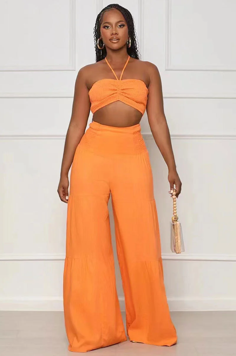 Cutubly Vacation Casual 2 Piece Sets Women Outfit Summer Halter Ruched Crop Top And Wide Leg Pants Beachwear Night Club Outfits