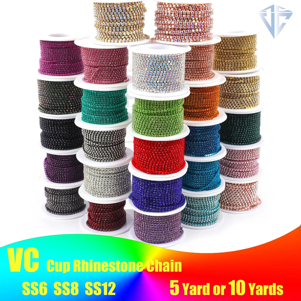 New Arrival Colorful Rhinestone Chains Dense Fancy Chain Apparel Sewing Glass Rhinestone Cup Chain With Colorful Base