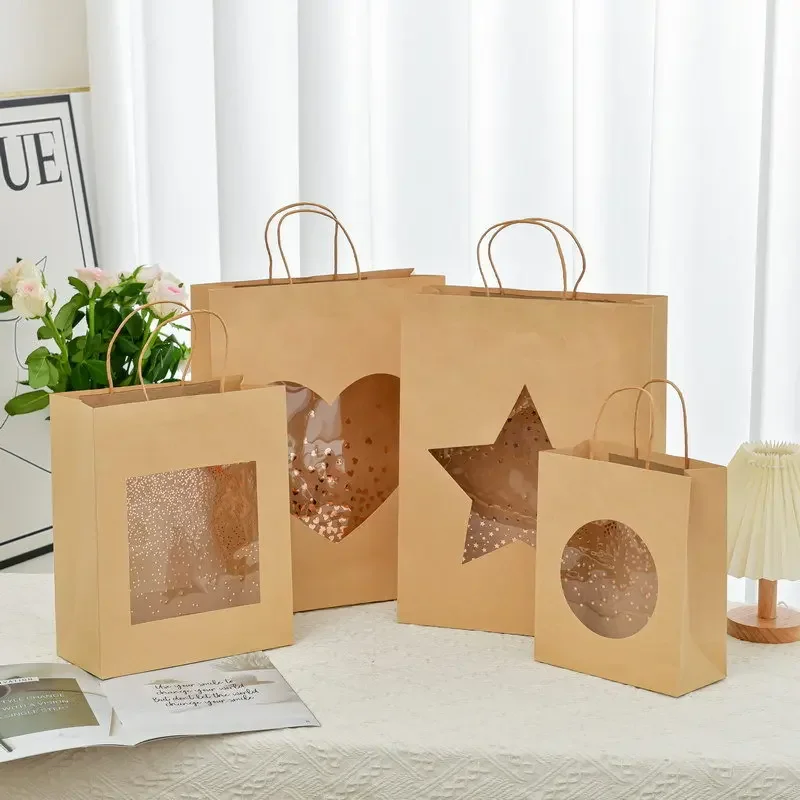 

1 pcs Creative kraft paper window opening gift bag handbag minimalist birthday gift bags shopping bag gift packaging