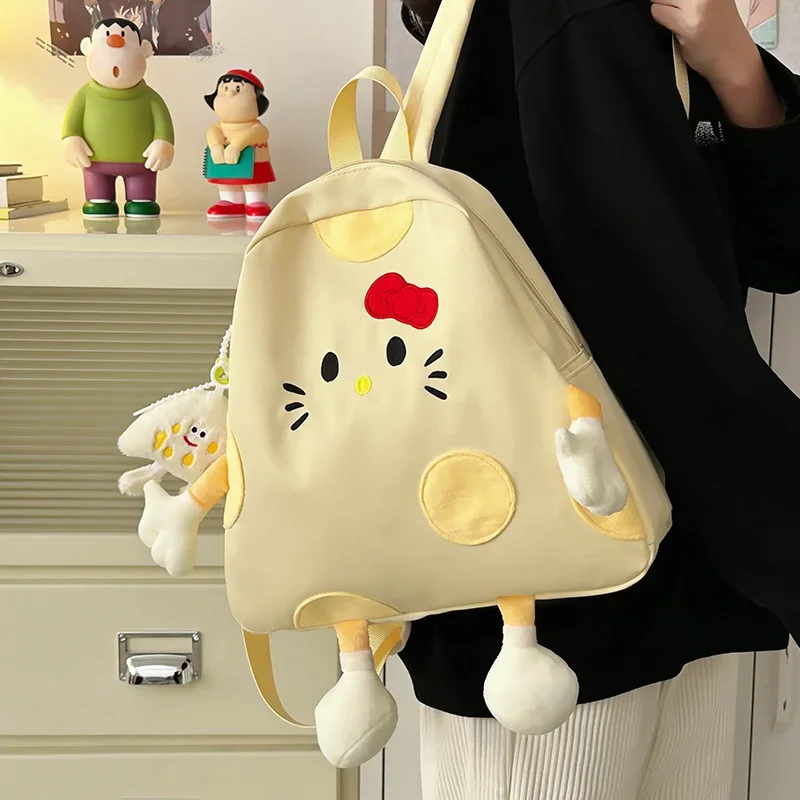 Sanrio Hello Kitty 2024 New Cute Girls Backpack Cartoon Yellow Large Capacity Solid Color Versatile Student School Bag