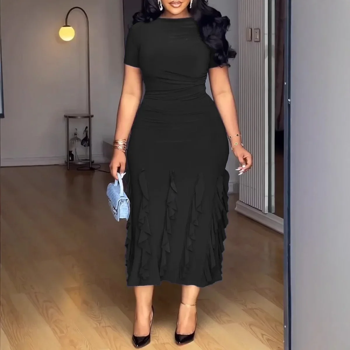 فساتين Dashiki الأفريقية للنساء أنيقة صيفية بأكمام قصيرة من البوليستر باللون الأسود والأزرق فستان طويل ملابس أفريقيا #3