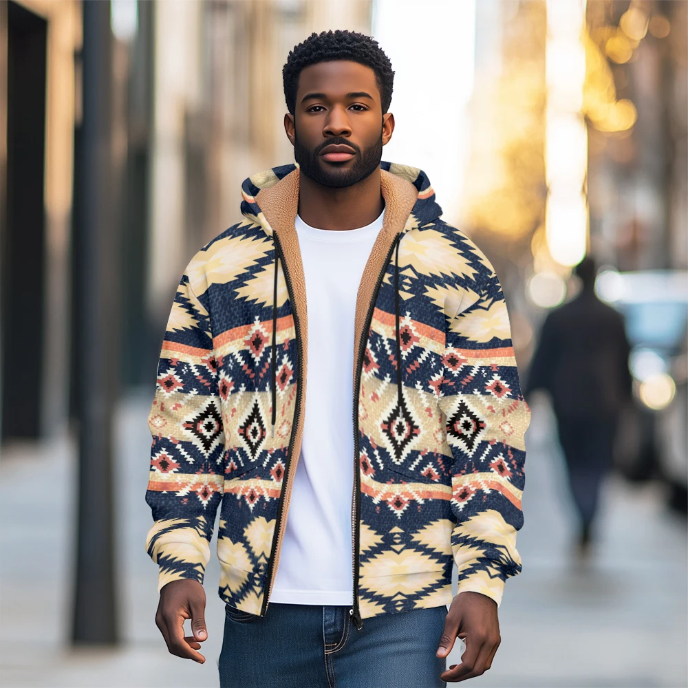 Veste zippée à capuche en laine épaisse pour hommes et femmes avec poches imprimées rétro, manteau pour l'hiver et l'automne, garde au chaud à l'extérieur