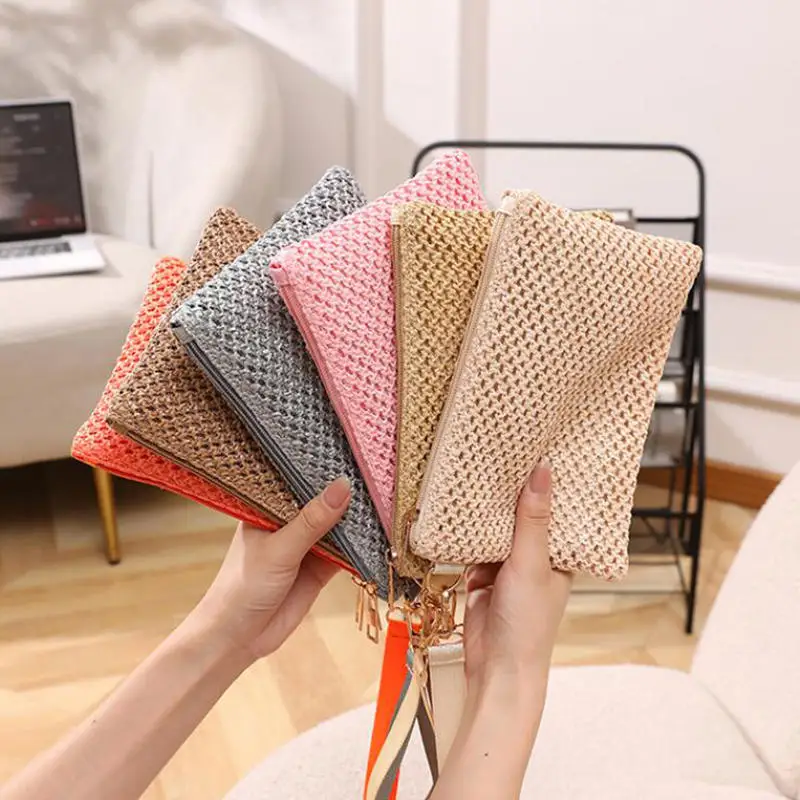 

Weaving Bag Fashion Ladies Wristlet Clutch Women Daily Money Phone Clutch Solid Straw Woven Coin Purse Beach Wallet Card Holder