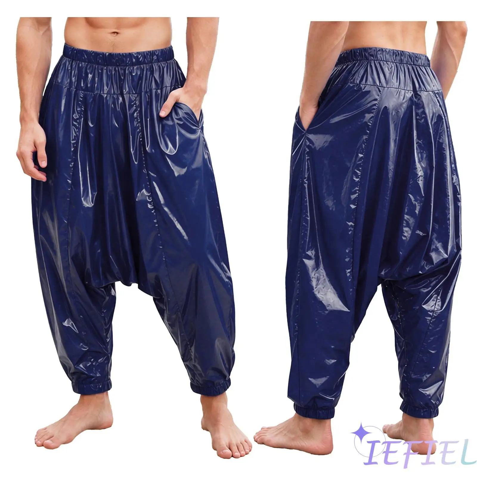 Men Beach Harem Pants Water Resistant Elastic Waistband Baggy Trousers with Pockets Disco Clubwear for Holiday Pool