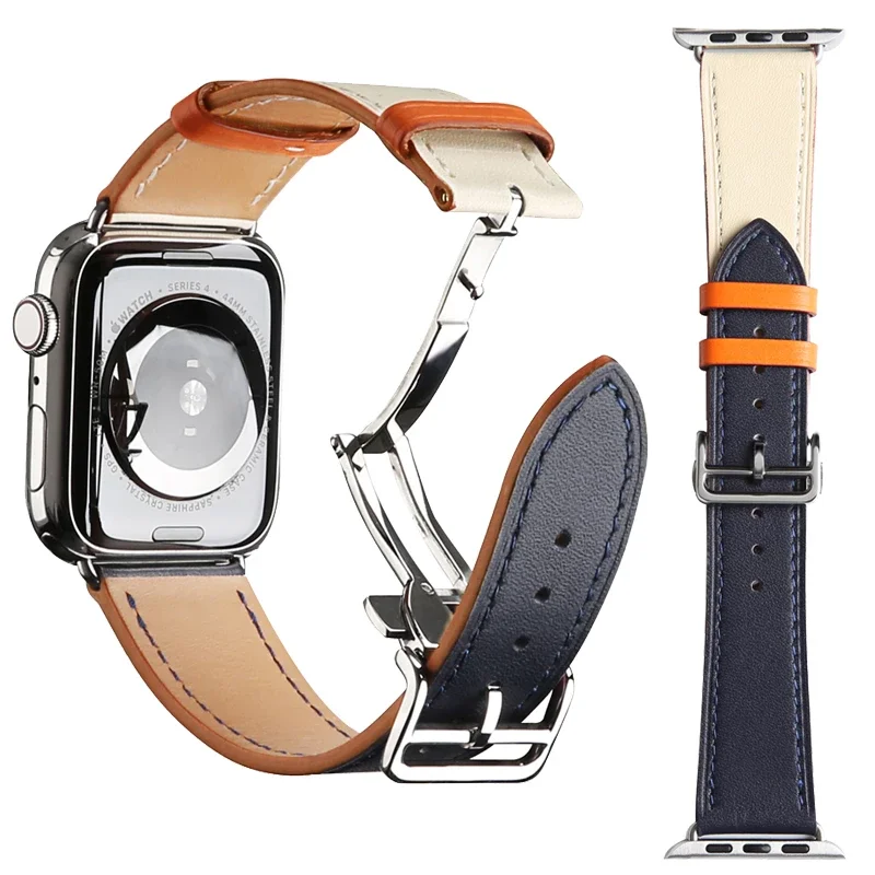 Genuine Leather Loop Strap For Apple Watch band 44mm 45mm 40mm 38mm 41 42mm Logo Buckle Bracelet For iWatch Ultra 2 49mm SE 8 9