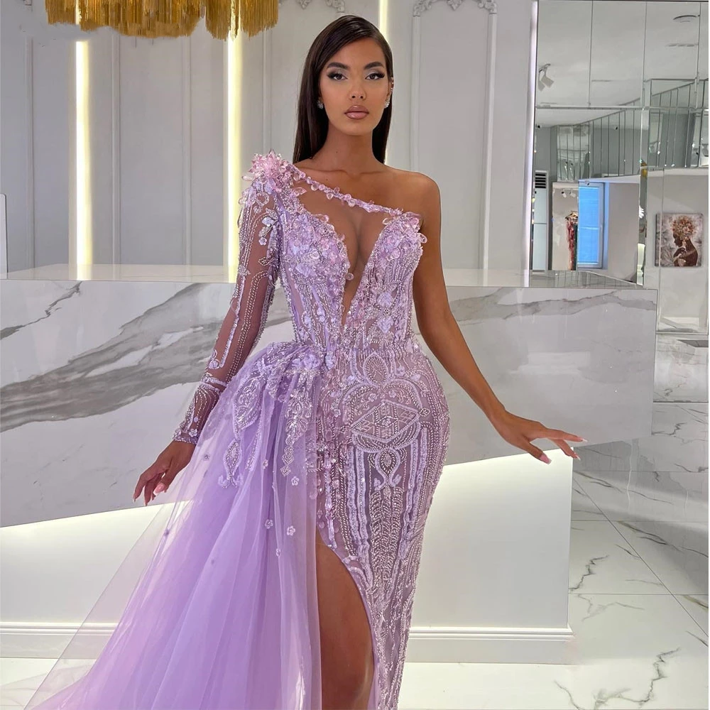 Charming Crystal Sequins Prom Dresses Detachable Train One Shoulder Side Split Mermaid Evening Gowns Custom Made Robe De Soirée