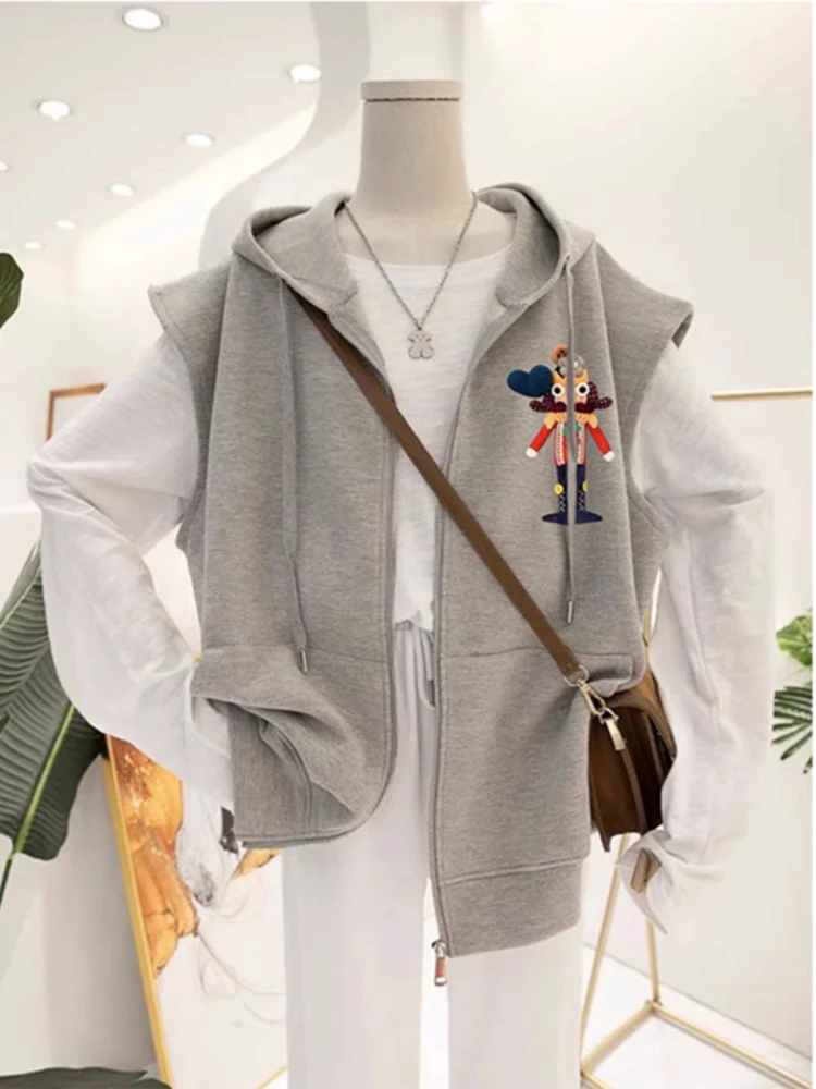 

plus Size 300 Pou European Sle Hooded Open Cardigan Vest Women's Spring Autumn Design Loose Versatile Vest Jaet