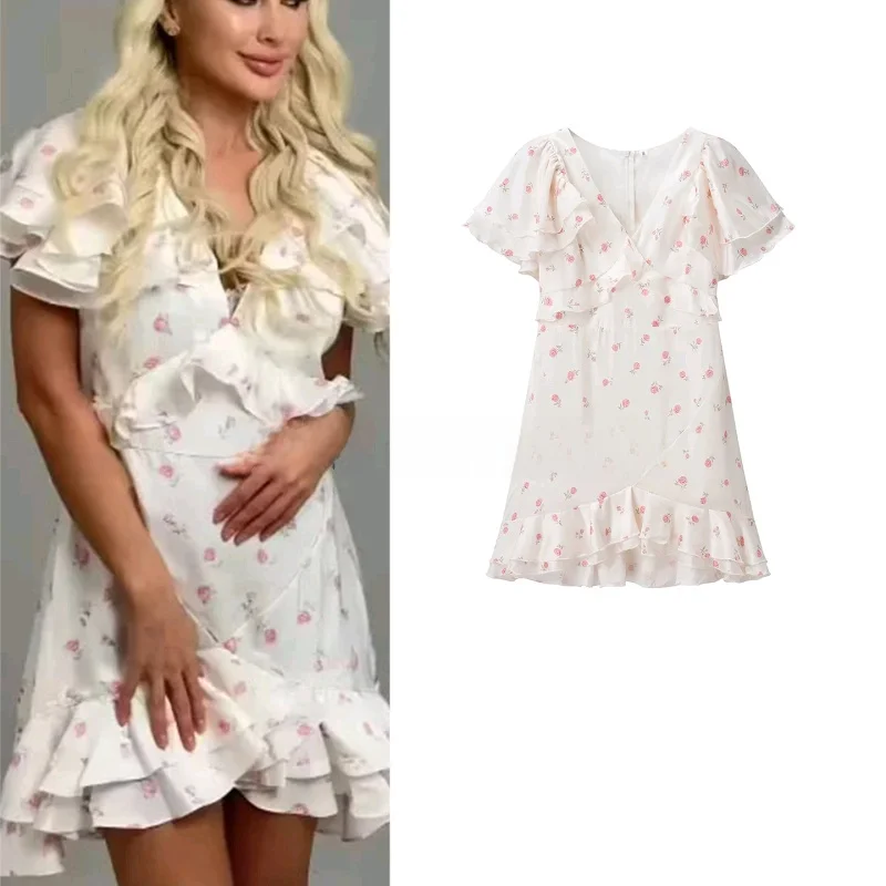 Ele floral impressão chá break dr v-ne puff sve em camadas decoração ort sve feminino faion outono nova chegada