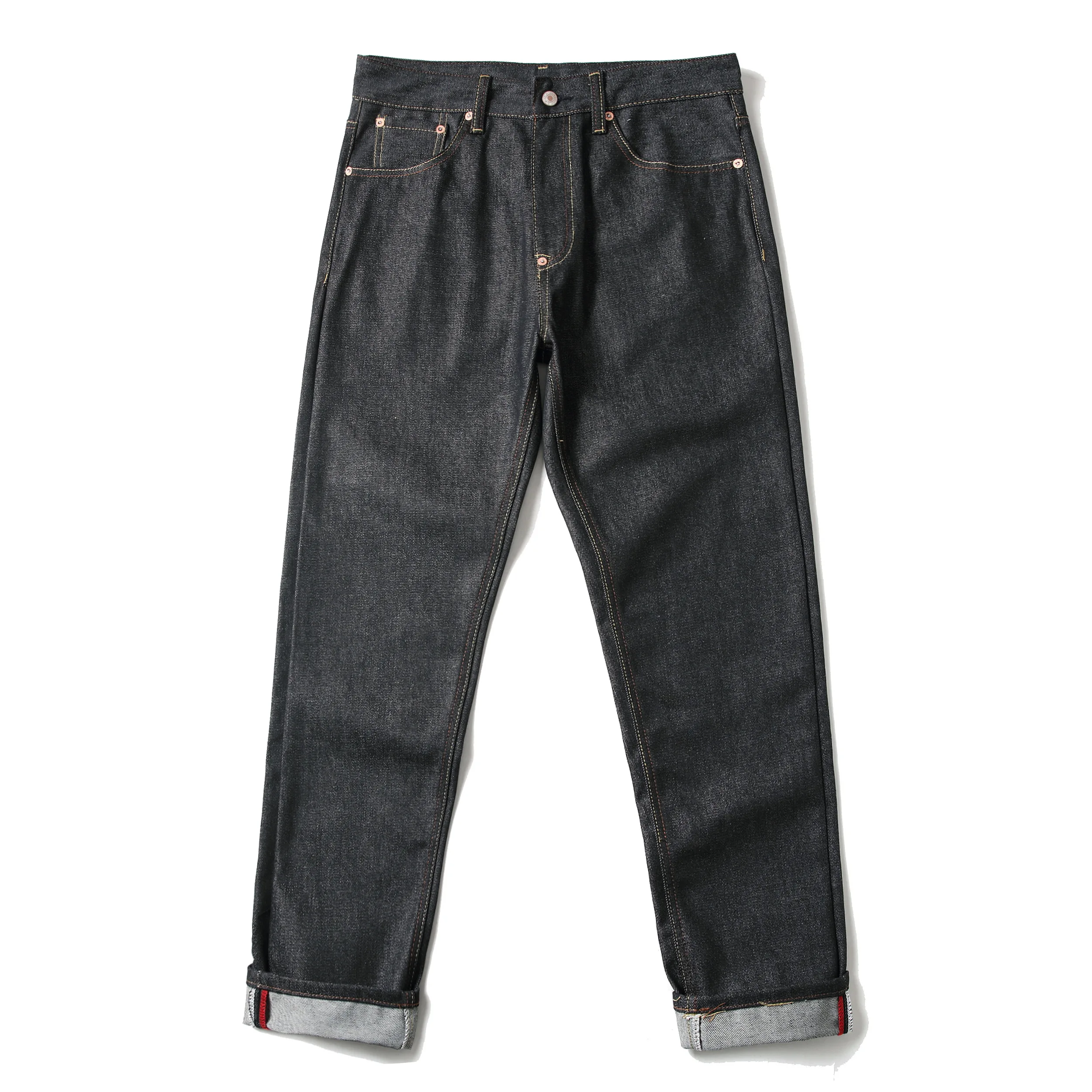 Men's Japanese Handmade Embroidered Cotton Jeans Straight Tube Slim Fit Hip-Hop Trousers Red Ear Detail Devil Big M Golden Text view 2