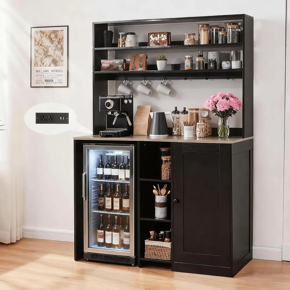 Fridge Cabinet with Storage, Coffee Bar Cabinet with Mini Fridge Space and Power Outlet, Liquor Wine Bar Cabinet with Microwave