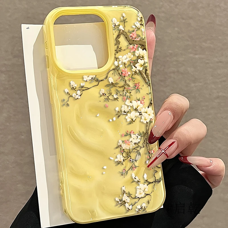 Magnolia Flower Branch Wavy Texture Phone Case For iPhone 11 12 13 14 15 16 Pro 17 Pro Max 15 Plus 16E Air Shockproof Soft Cover