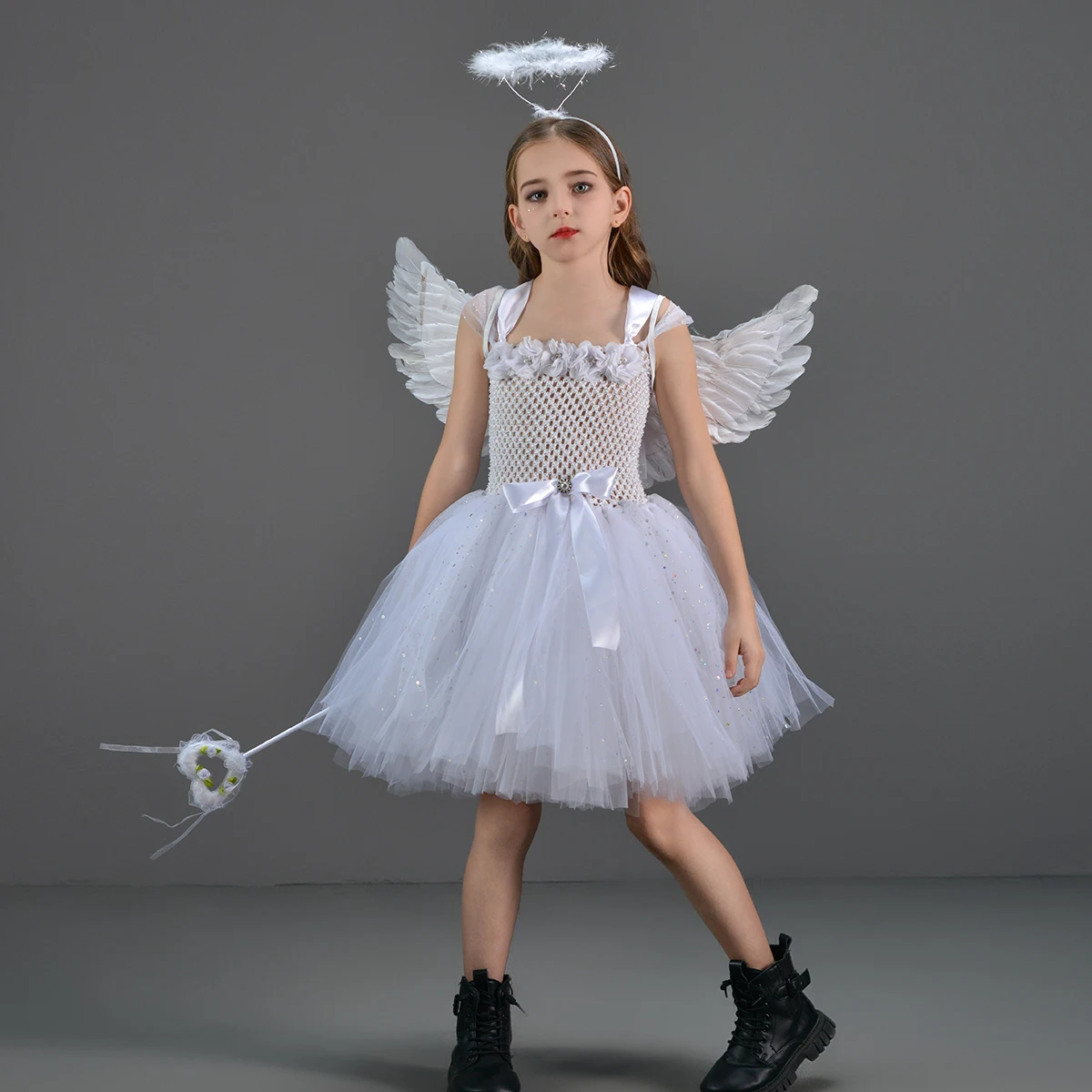 Sparkling White Angel Tutu Costume for Girls Princess Fairy Cosplay Dress with Wings Halloween Costumes for Kids Girl Clothing