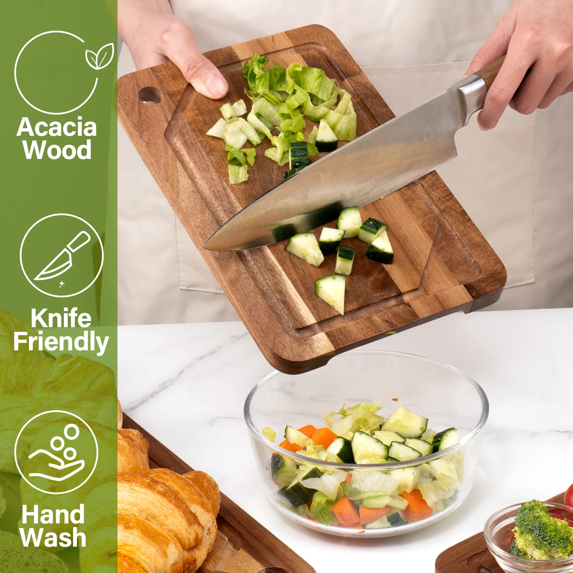 مجموعة من 3 قطع من ألواح تقطيع خشب السنط ذات الفتحات المعلقة لتقطيع صواني فرز الفواكه والخضروات مع أخاديد العصير والرفوف #2