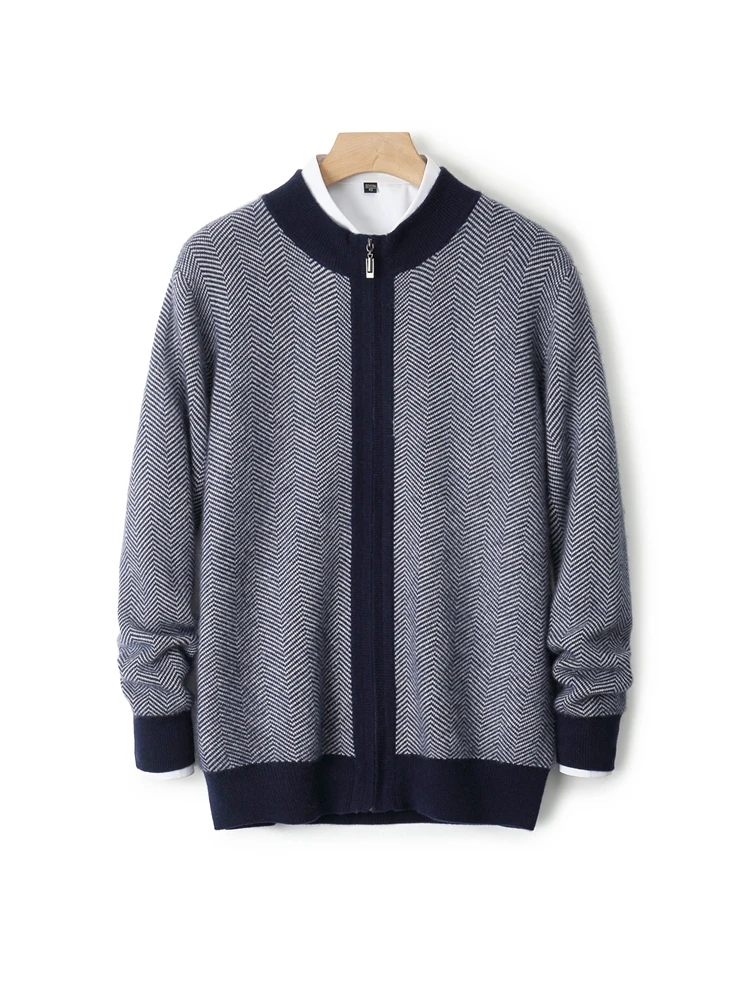 TLOML Men's 100% Merino Wool Knitwear O-neck Herringbone Pattern Zippers Cardigan Autumn Winter Sweater Thick Smart Casual Coat