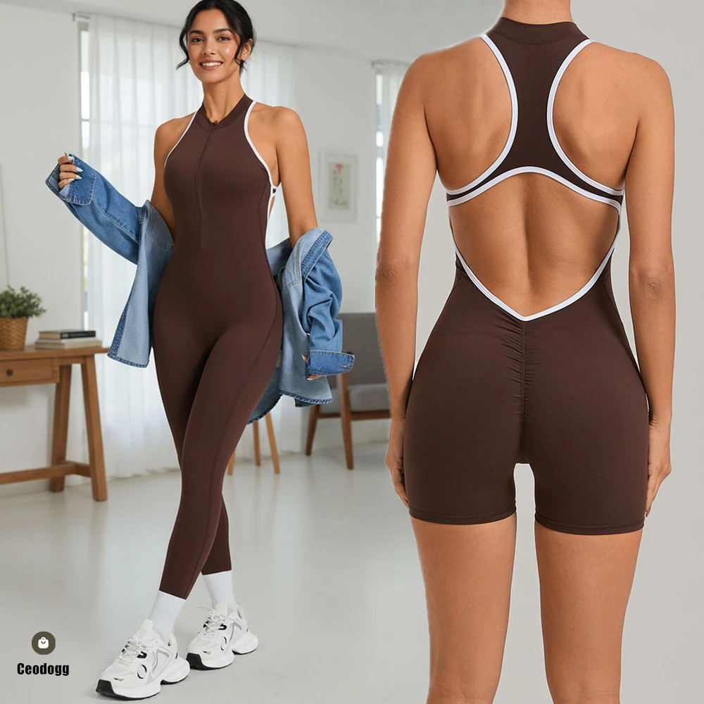 Zipper Women's Gym Workout Jumpsuits Clothes Yoga Sets Bodysuit Scrunch Legging Running Fitness Exercise Shorts Activewear XP02